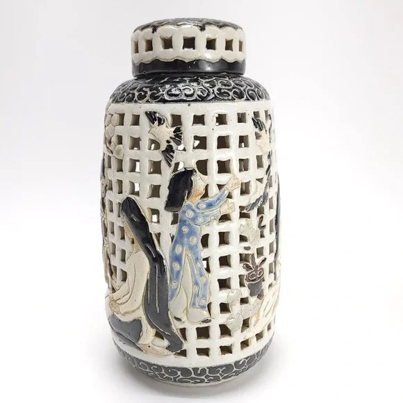 Vintage Dona Ceramics Pottery Open Work Lantern Urn Jar West Vietnam Authentic‎